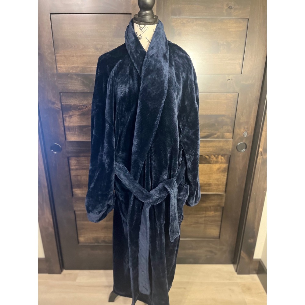 Harbor Bay Mens Navy Blue Fleece Robe Big and Tall 3XL 4XL Pockets Attached Tie